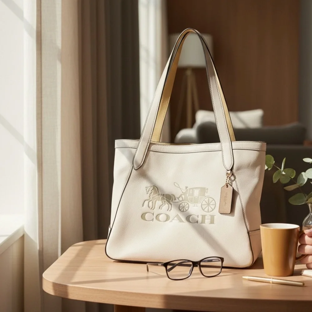 Coach Cream/Chalk Leather Tote Bag with Coach Dust Bag - Picture 13 of 16